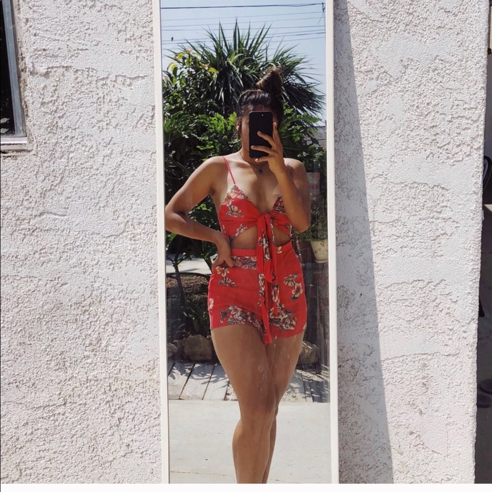 Red floral romper